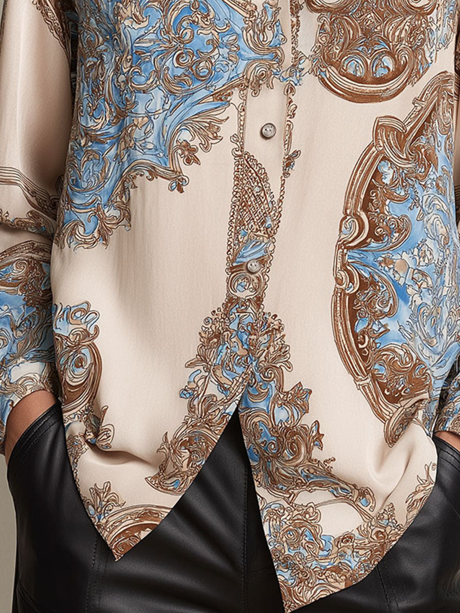 Vintage Baroque Pattern Print Satin Button-Down Shirt