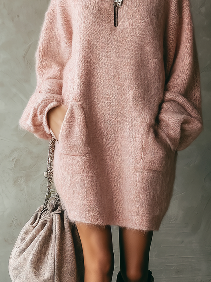 Vintage Mohair Zipper Collar Knitted Mini Dress