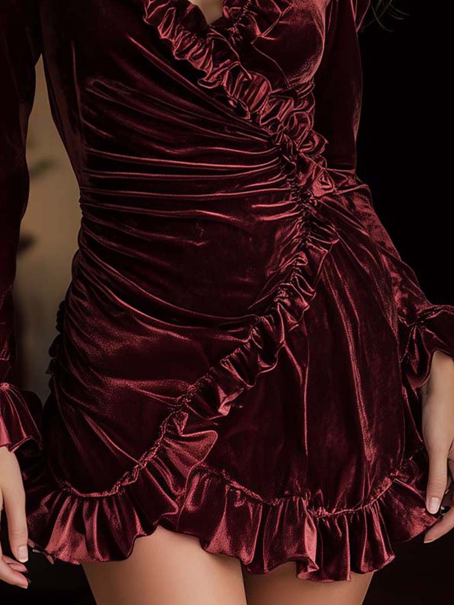 Wine Red Velvet Ruffled Wrap Mini Dress