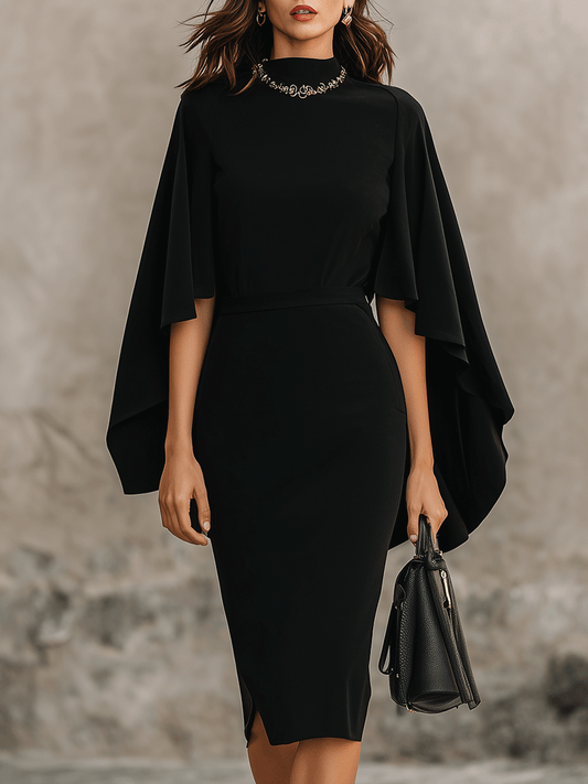 Elegant Black Cape Sleeve Midi Dress
