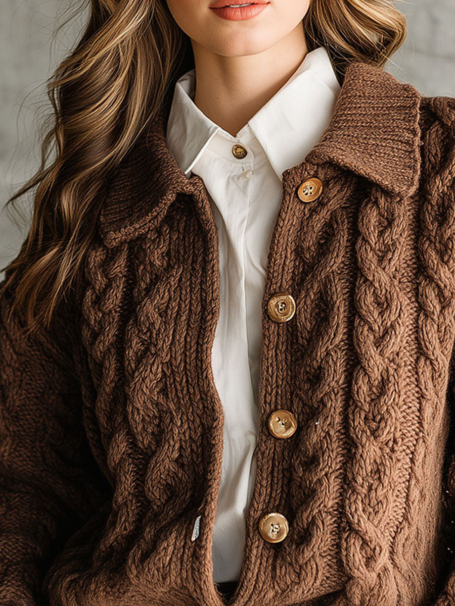 Retro Brown  Chunky Cable Knit Cardigan With Collar