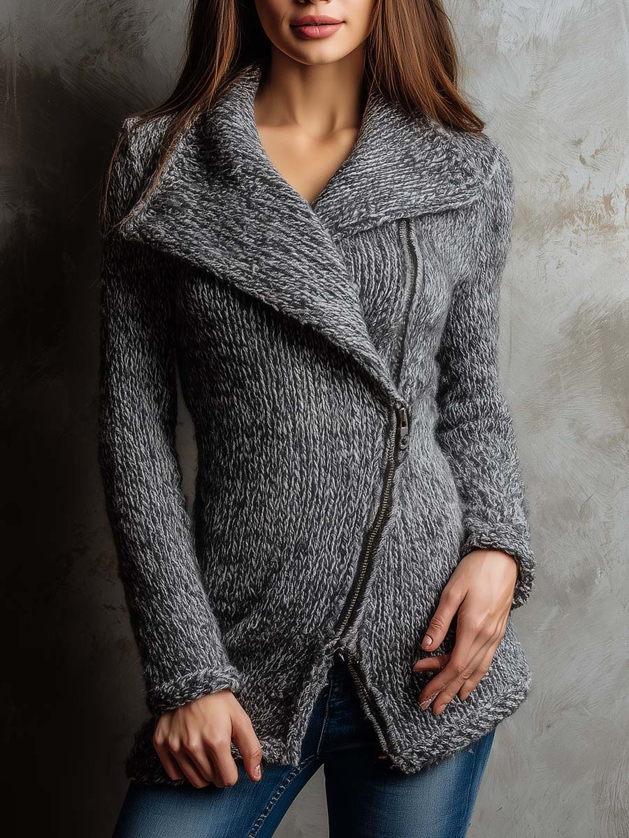 Retro Contrast Color Diagonal Zipper Placket Knit Jacket