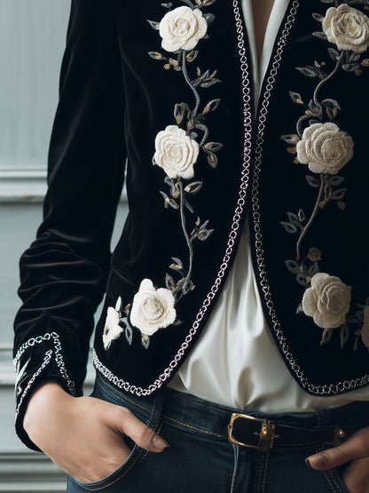 Elegant Black Velvet White Floral Embroidered Blazer