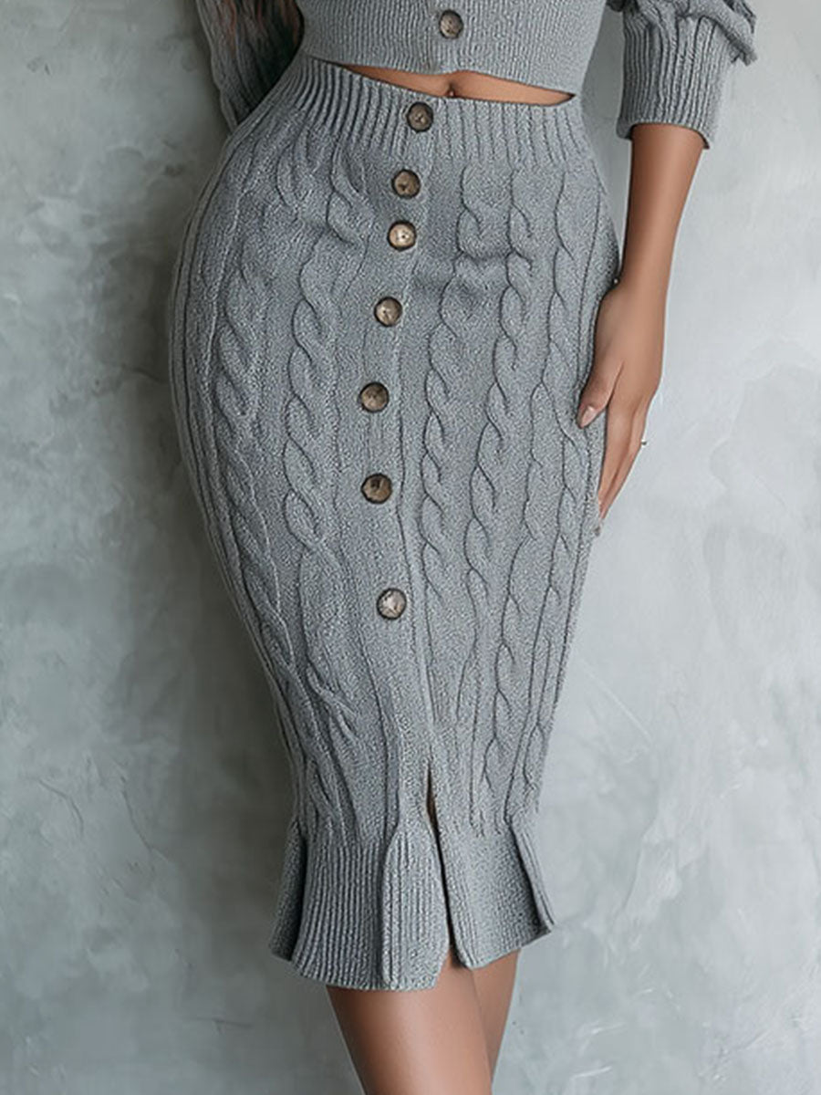 Chic Grey Knit Cropped Cardigan And High-Waist Midi Skirt Two-Piece Set