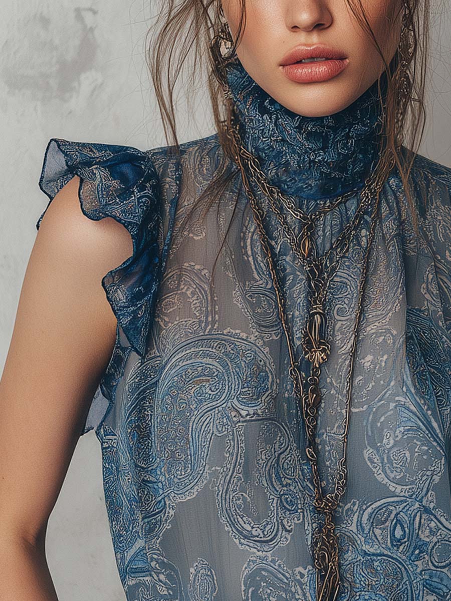 Vintage Pleated Neck Flutter Sleeves Paisley Chiffon Tank Top