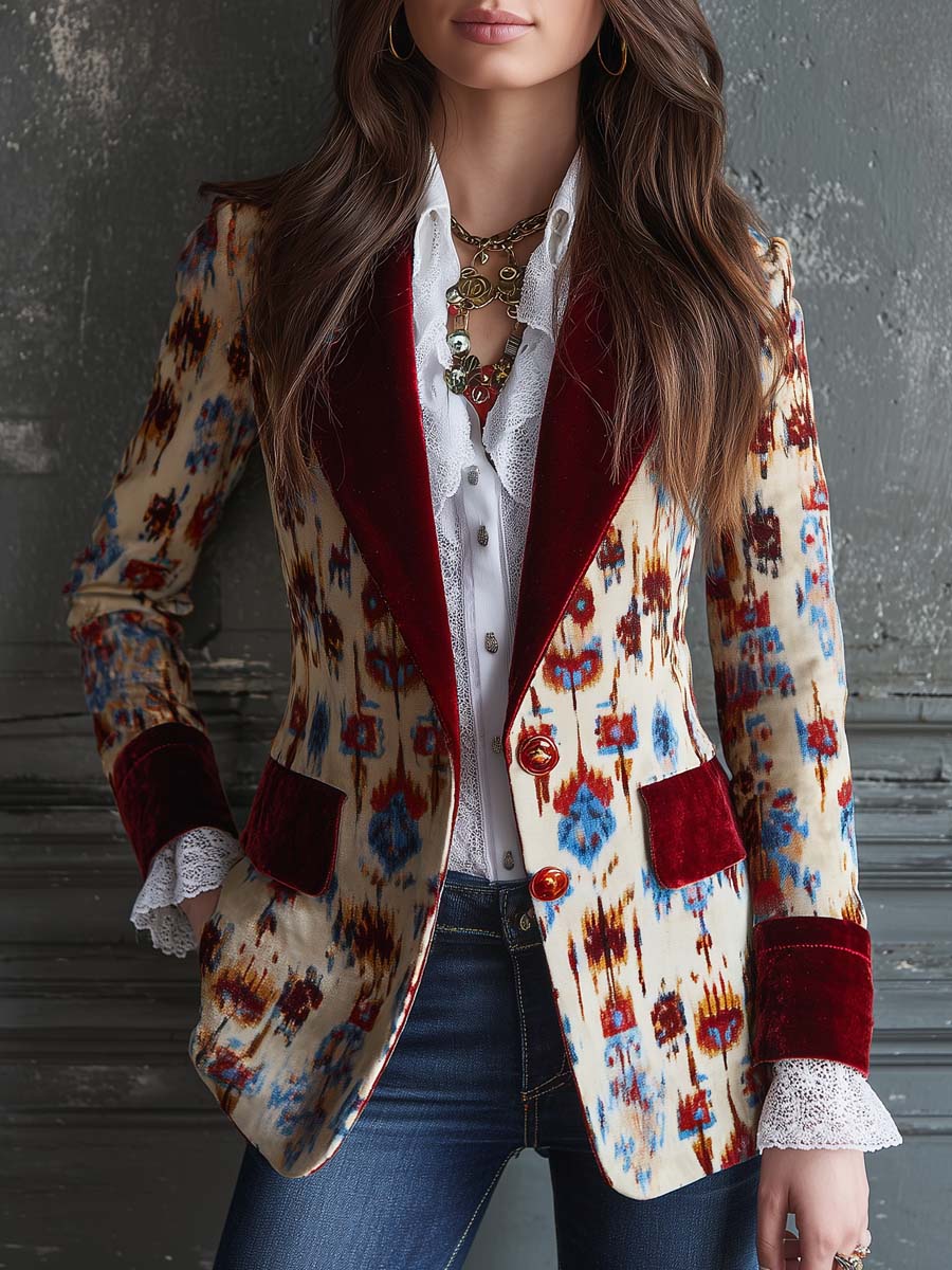 Retro Color-blocked Floral Polyester Velvet Mid-length Blazer