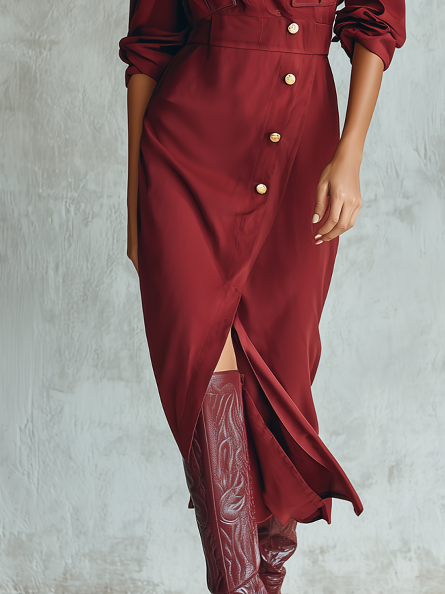 Retro Buttons Long-sleeved Shirt Midi Dress