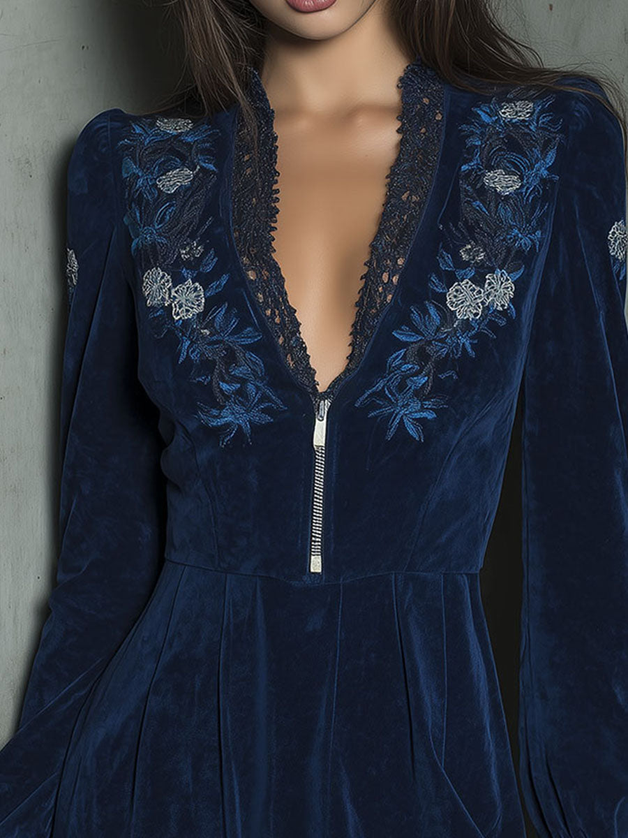 Boho Navy Velvet Embroidered Lace Trim & Zip-Front Mini Dress