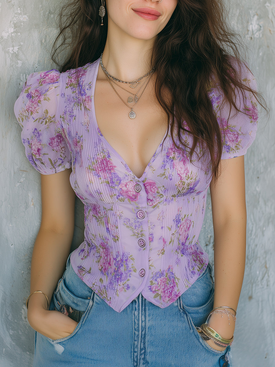 Vintage Pleated Chiffon Printed Blouse