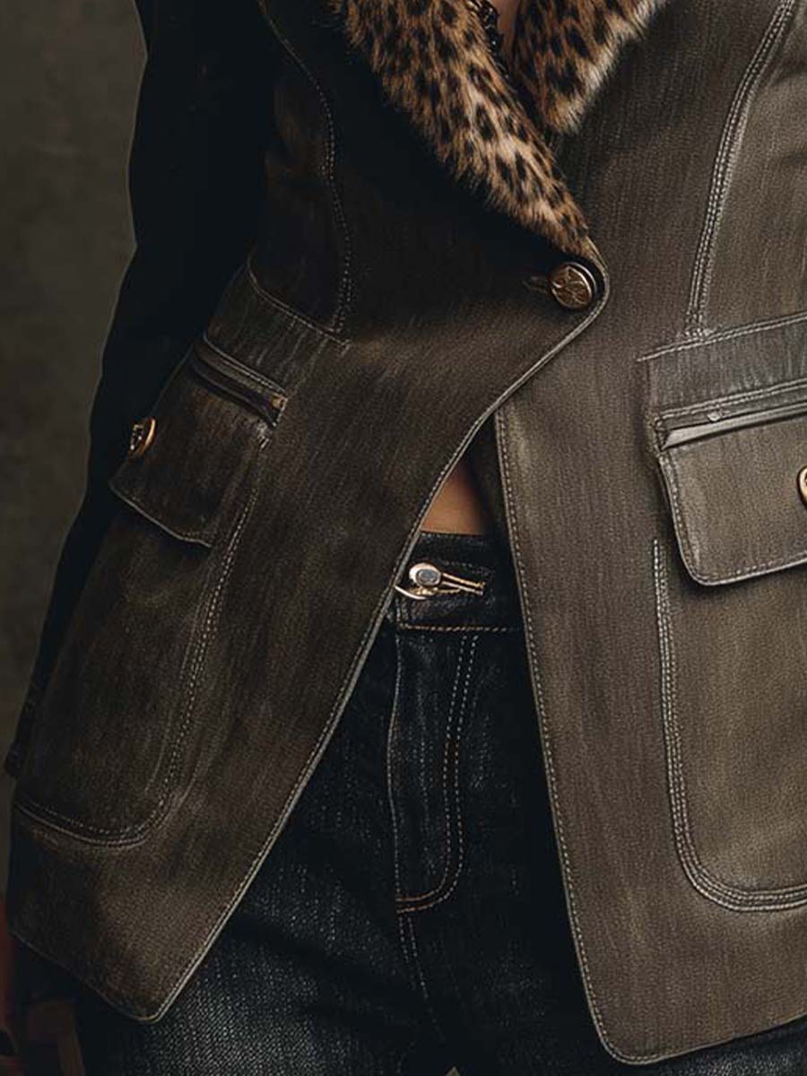 Intage Olive Suede Blazer With Leopard Faux Fur Collar