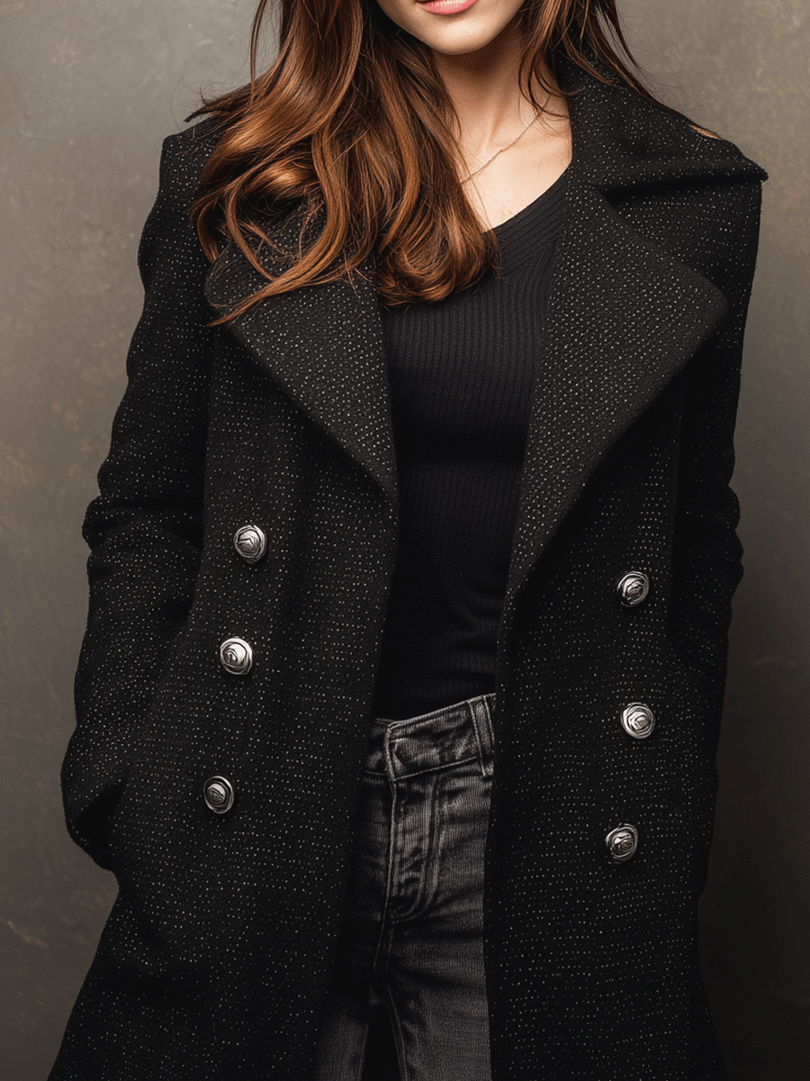 Classic Black  Double-Breasted Buttons Longline Coat