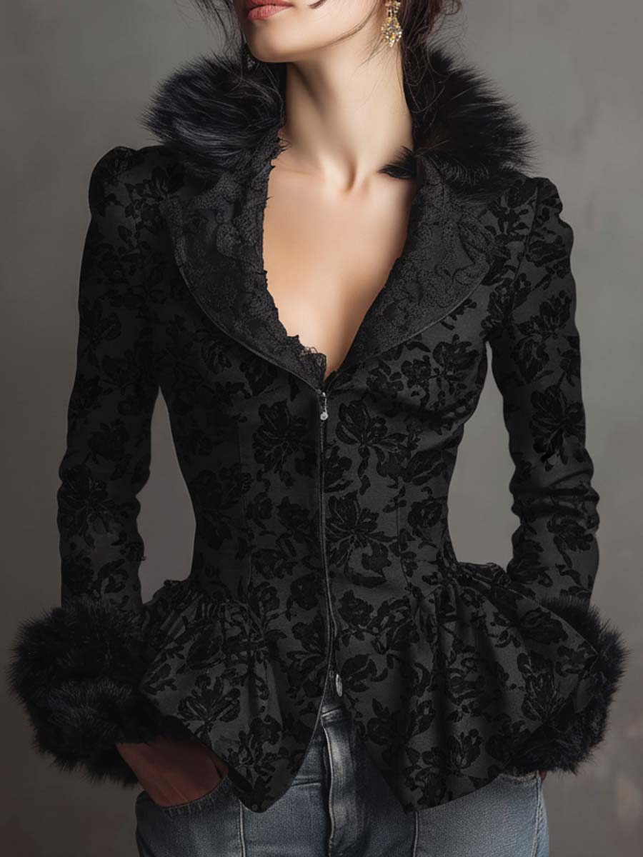 Vintage Jacquard Peplum Jacket With Detachable Faux Fur Collar