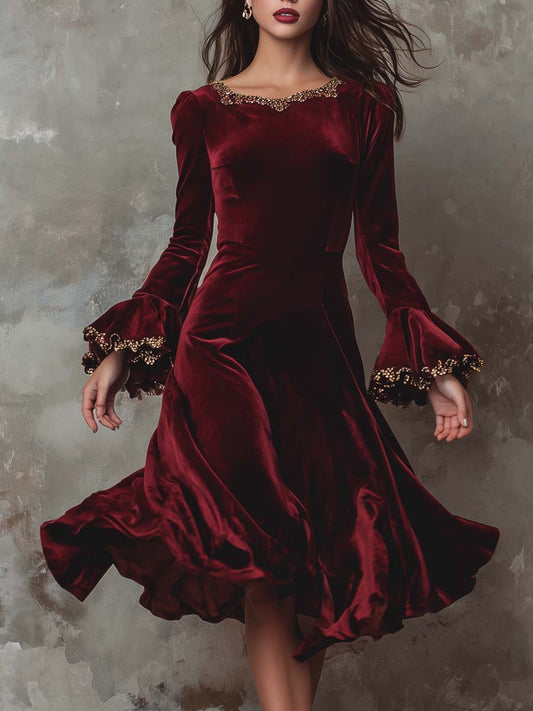 Vintage Gold Lace-trimmed Polyester Velvet Midi Dress