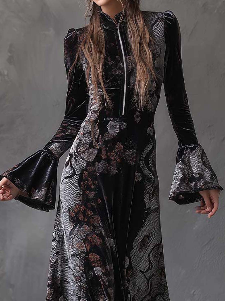Velvet Maxi Dress With Snake & Floral Print