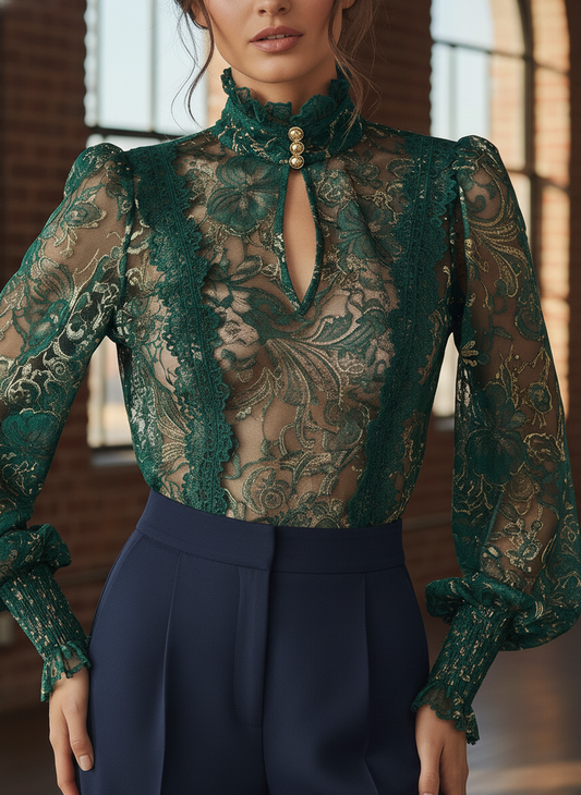 Emerald Green Gold Lace Sheer High-Neck Blouse with Keyhole Detail