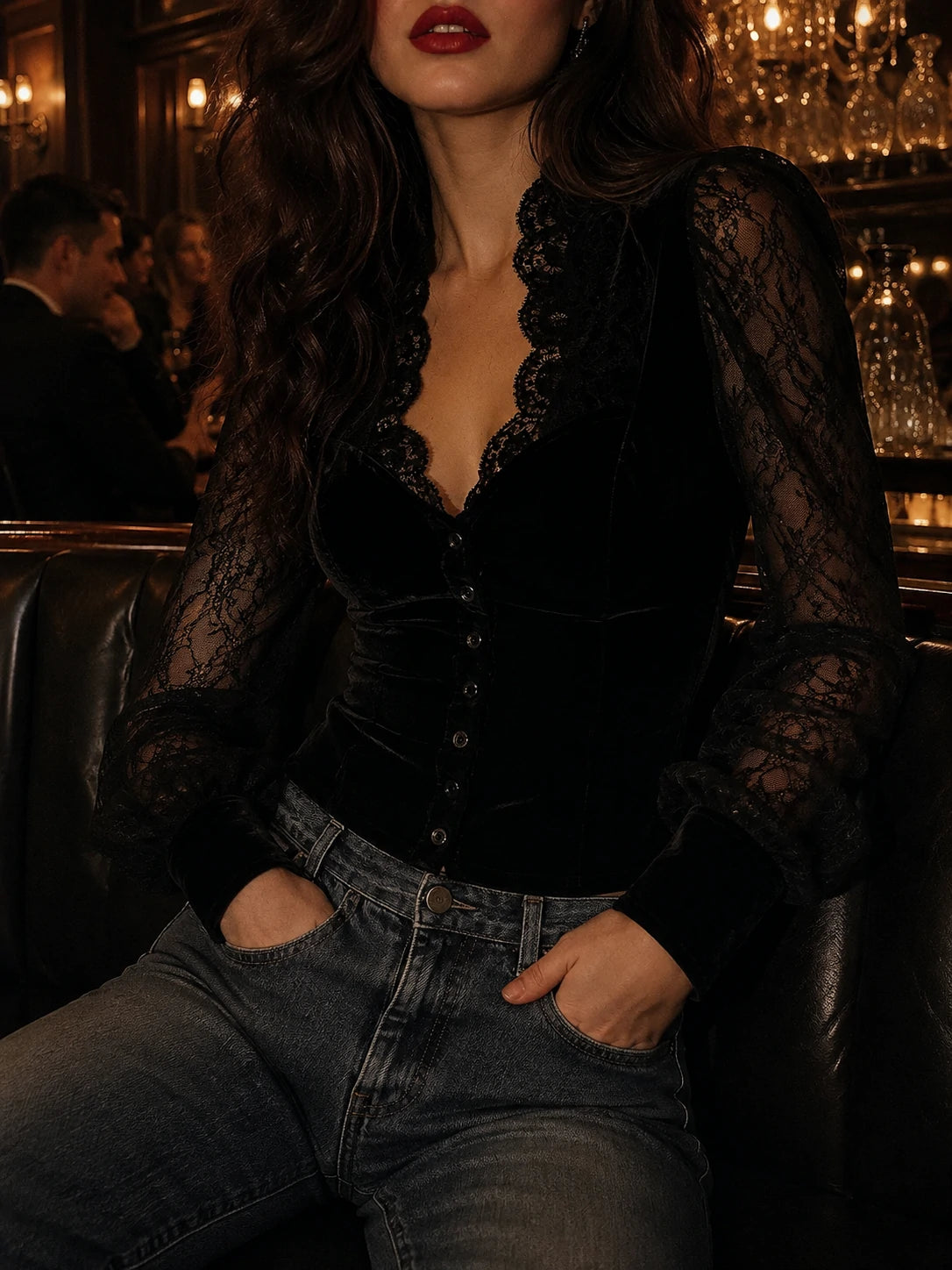 Luxurious Black Velvet Corset Top With Lace Sleeve