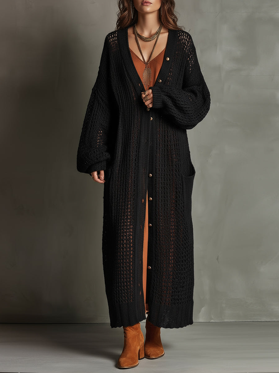Quiet Boho Noir Woven Serenity Maxi Cardigan Dress