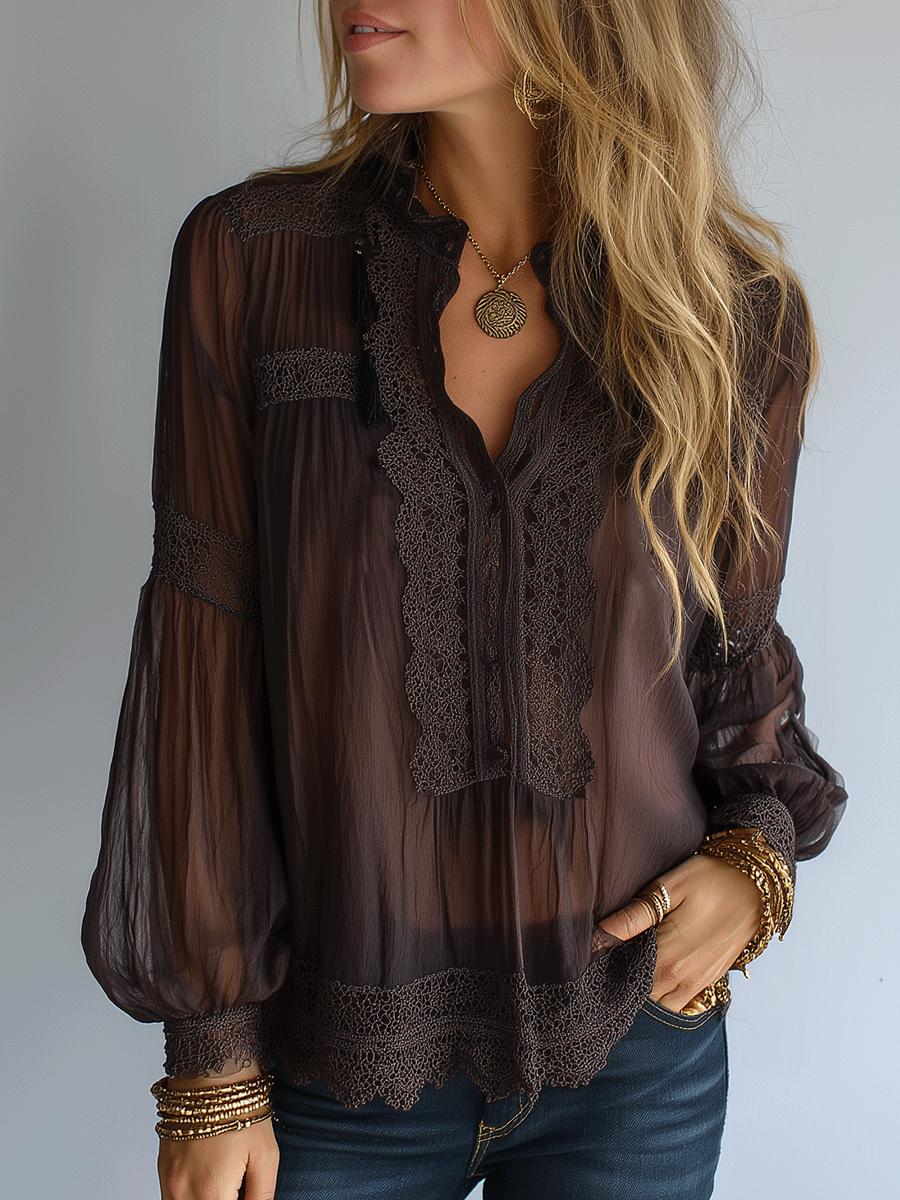 Vintage-Inspired Sheer Bohemian Lace Blouse