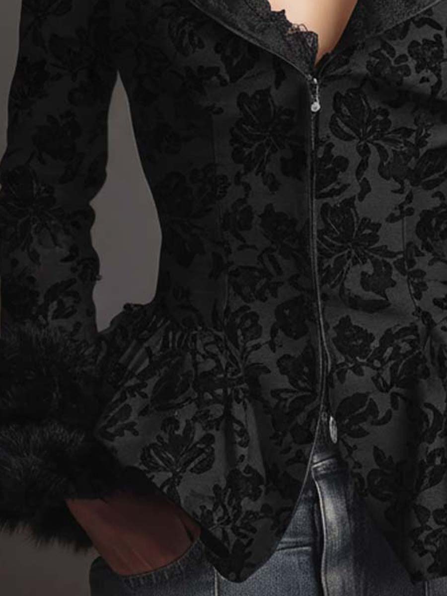 Vintage Jacquard Peplum Jacket With Detachable Faux Fur Collar