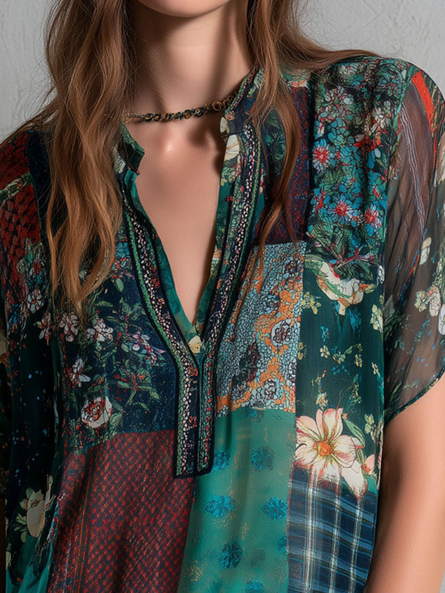 Bohemian Patchwork Multi-Print Chiffon Blouse