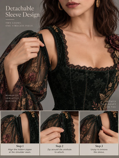 Forest green floral corset top worn without detachable sleeves