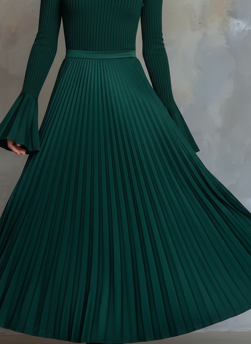 Elegant Ribbed Knit Pleated Midi Dress with Bell Sleeves