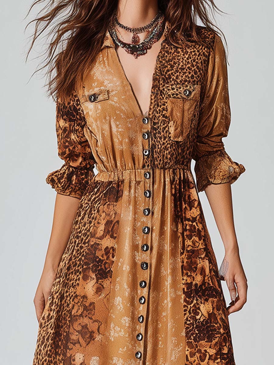 Vintage Leopard Floral Patchwork Shirt Chiffon Maxi Dress
