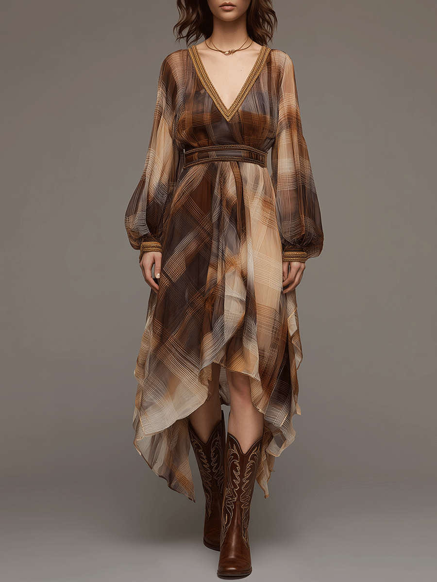 Bohemian Gradient V-neck Lantern Sleeve Chiffon Asymmetric Midi Dress