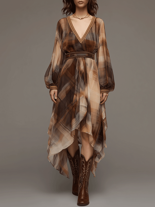 Bohemian Gradient V-neck Lantern Sleeve Chiffon Asymmetric Midi Dress