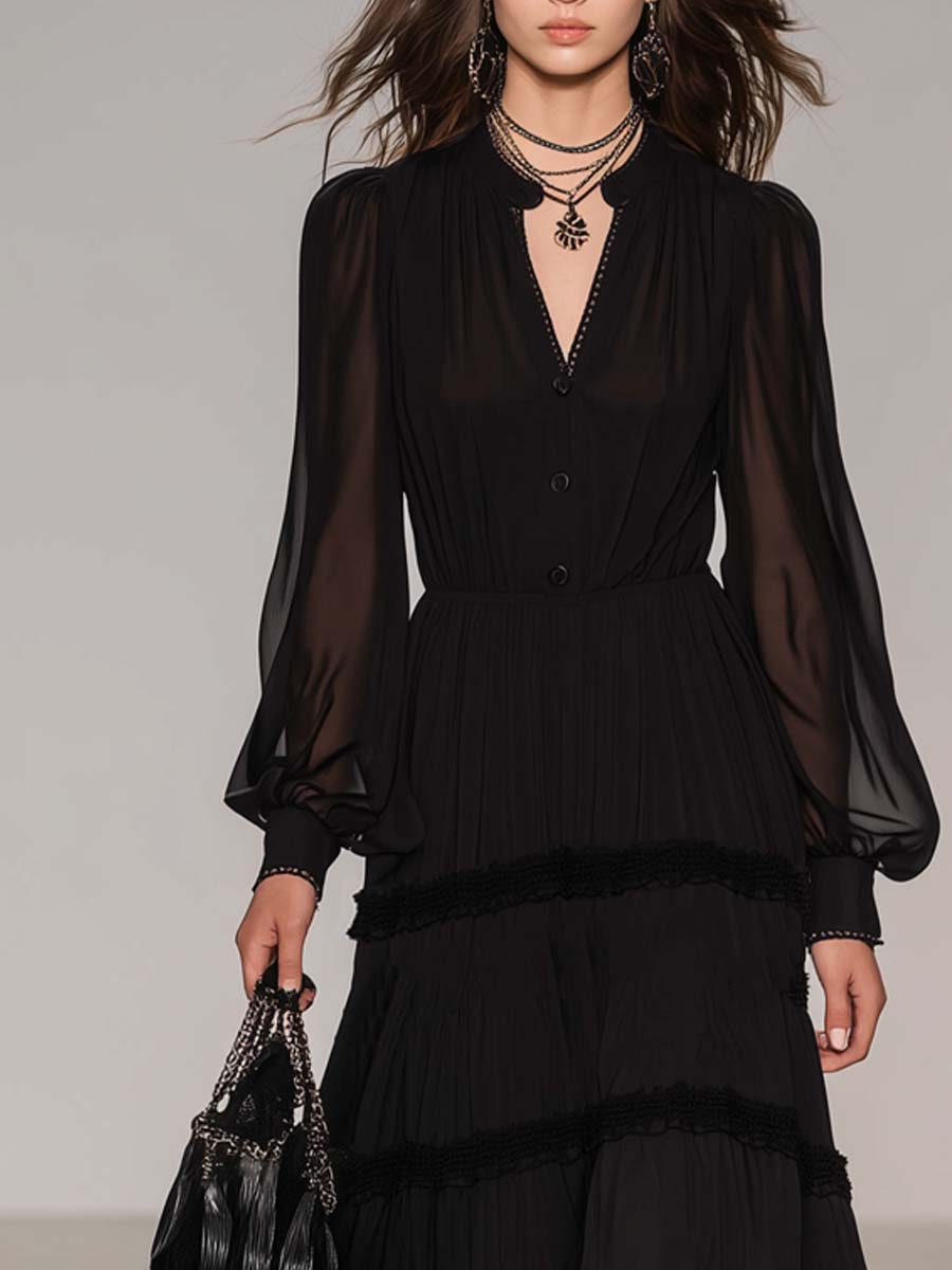 Vintage-style Henley Collar Sheer Sleeves Lace Trim Midi Dress – BCSHARED