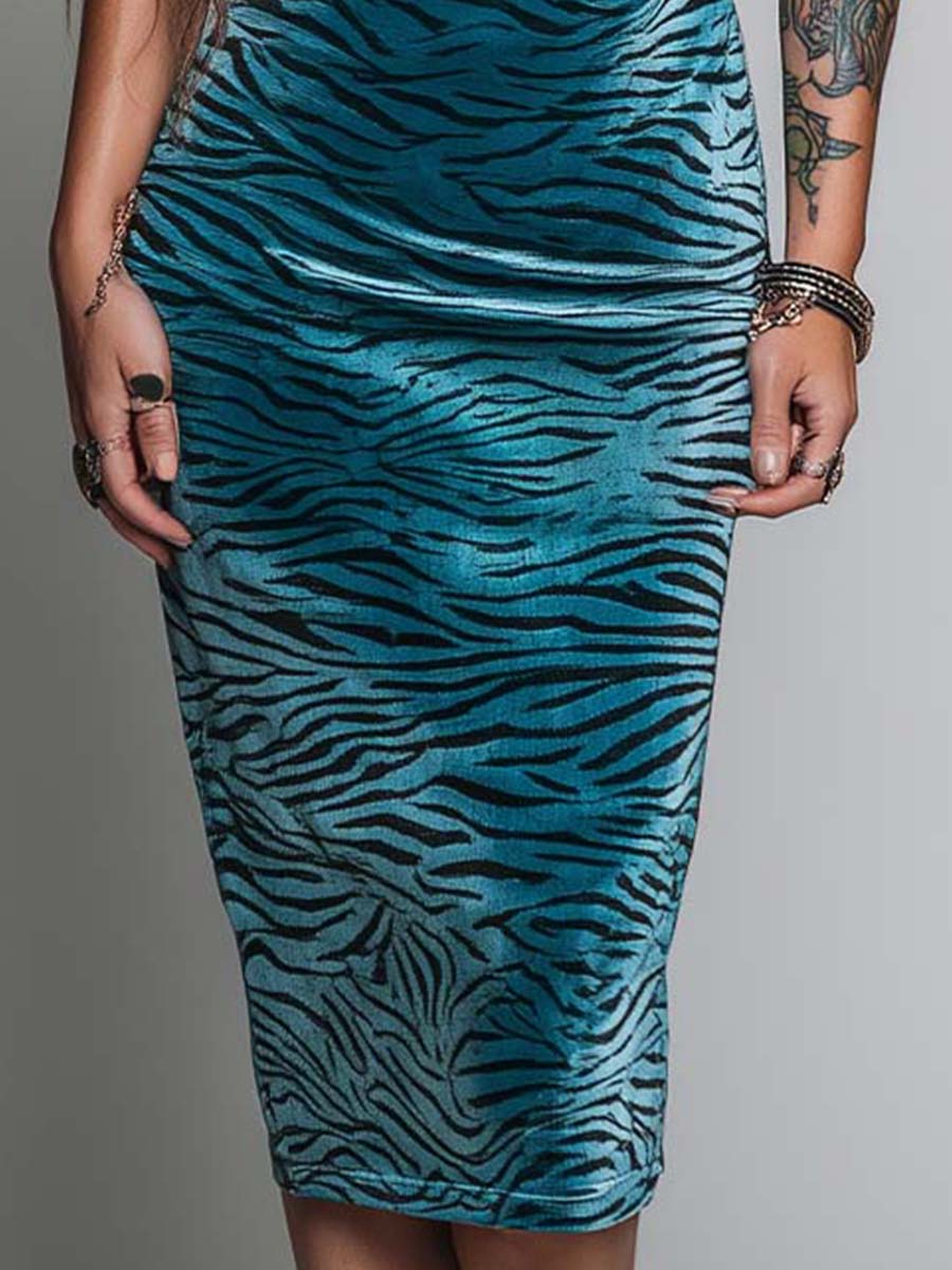 Velvet Peacock Blue Tiger Print Lace Trim Bodycon Midi Dress