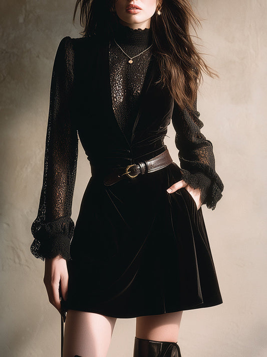 Elegant Velvet Lace Stitching Pencil Mini Dress With Belt
