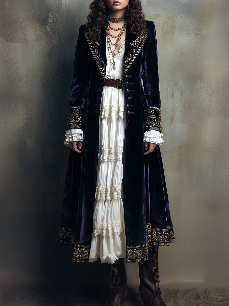 Vintage Luxury Polyester Velvet Embroidered Long Coat