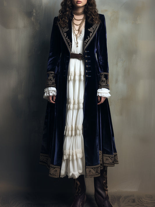 Vintage Luxury Polyester Velvet Embroidered Long Coat