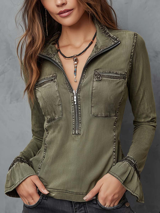 Vintage Washed Zip-up Collar Ruffle Cuffs Denim Blouse
