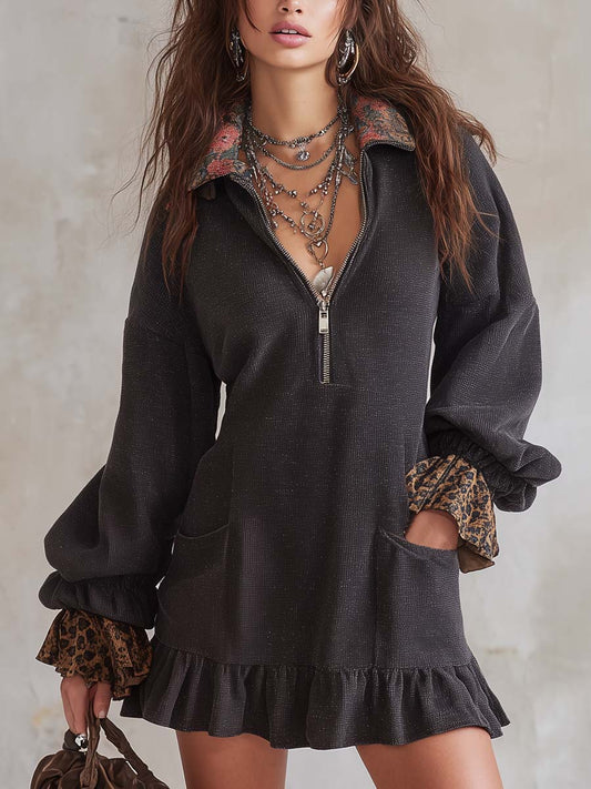 Vintage Zip-up Collar Leopard Print Cuff Mini Dress