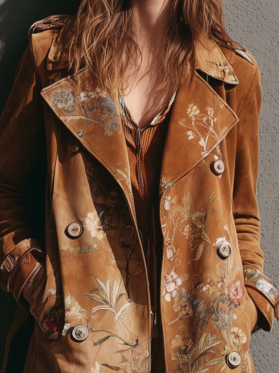 Printed Microfiber Suede Maxi Trench Coat