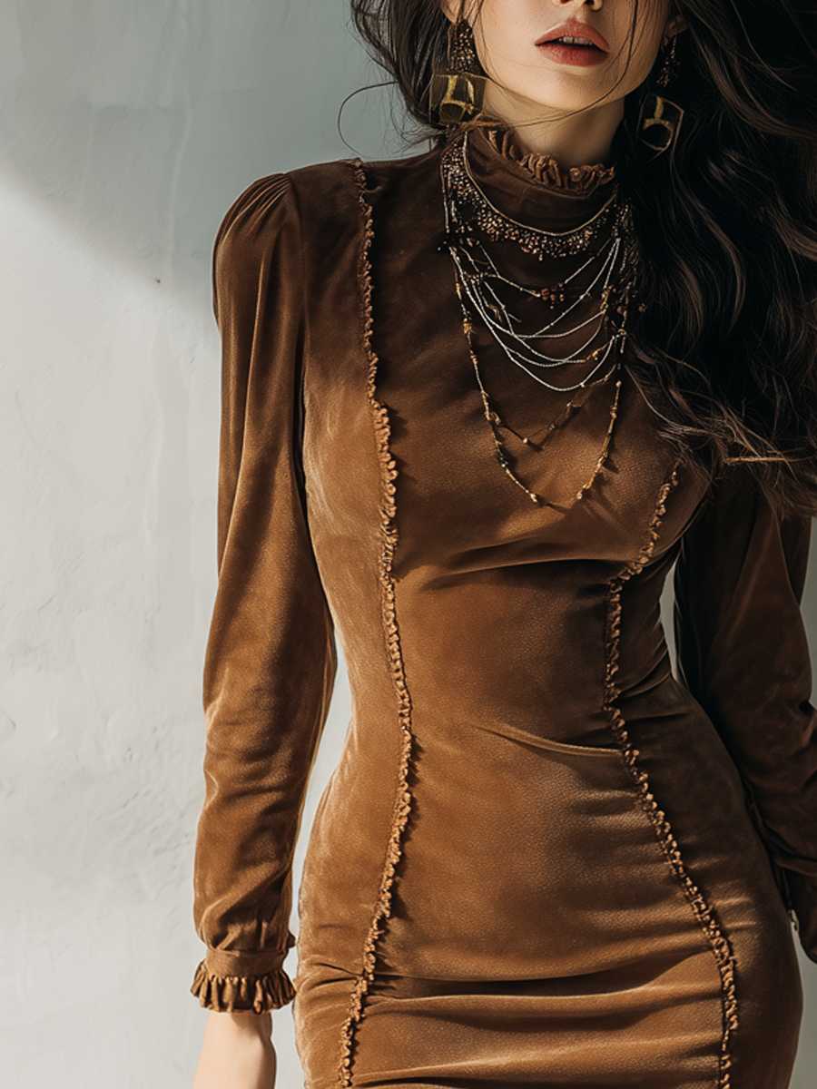 Retro Ruffled Slim-fit Polyester Velvet Mini Dress