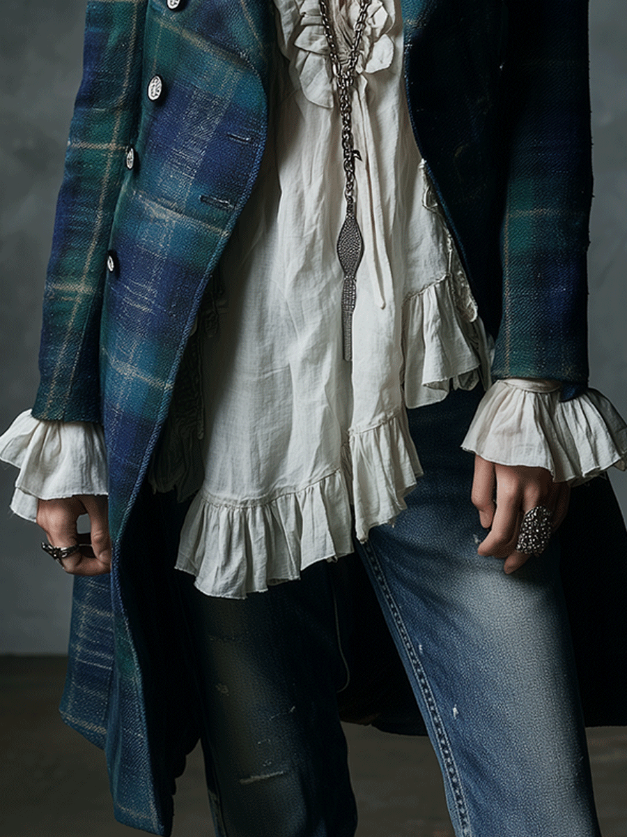 Vintage Tartan Wool-Blend Long Coat