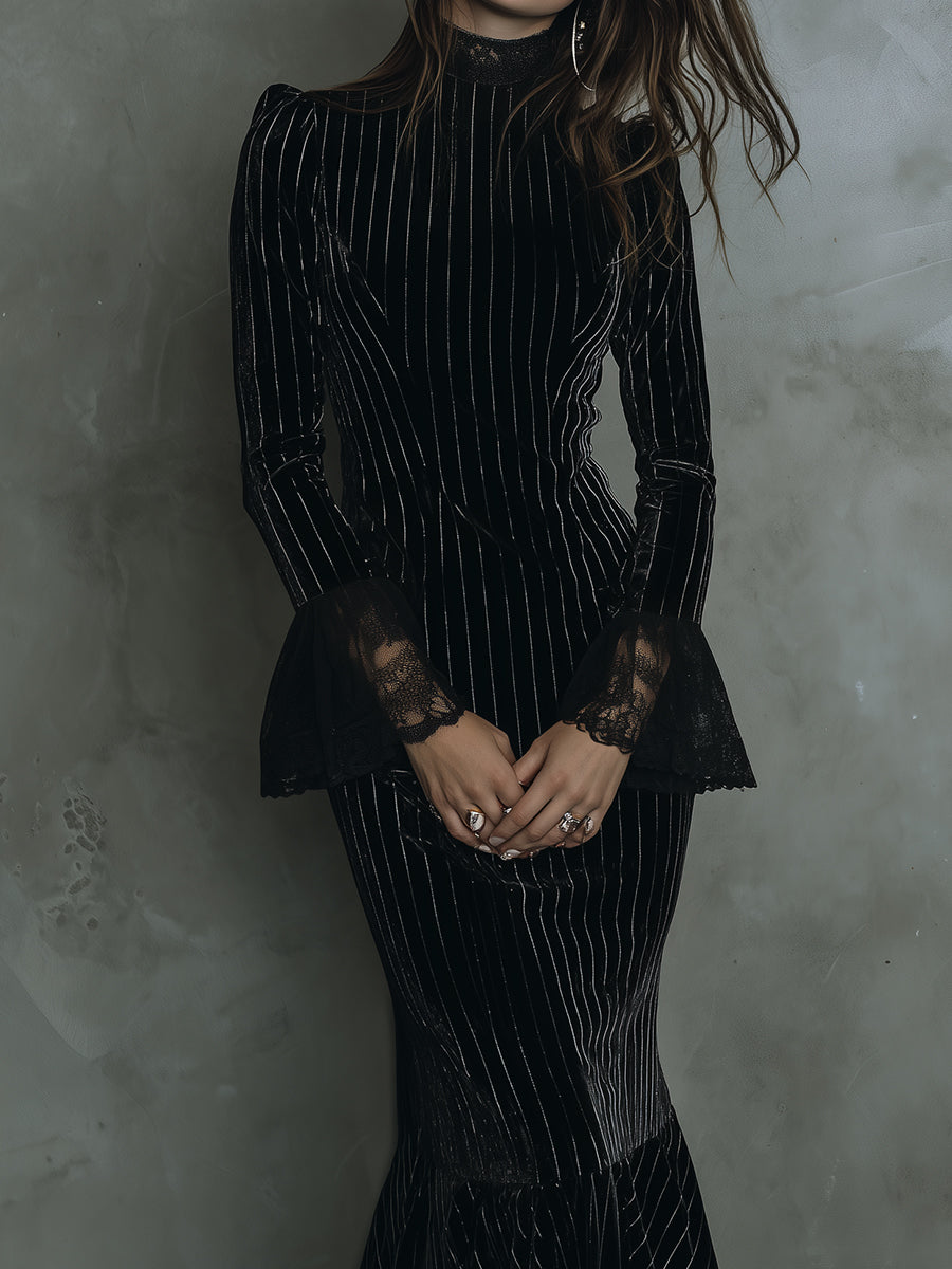 Quiet Luxury Striped Polyester Velvet Lace Cuffs Fishtail Midi Dress