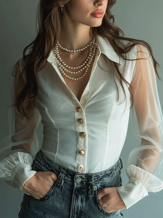 Vintage Gold Button Satin Tulle Fusion Shirt