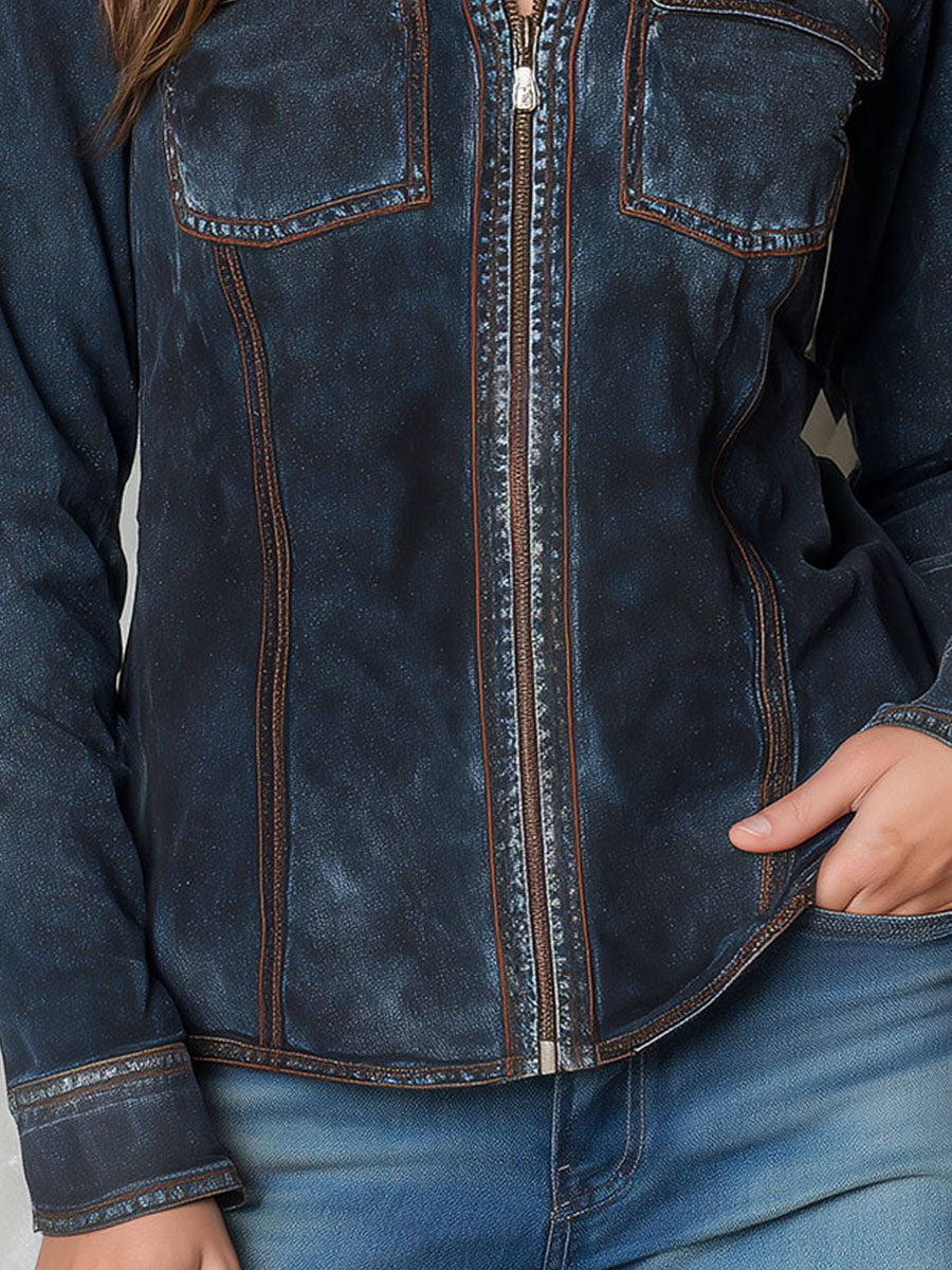 Vintage Wash Fitted Denim Lightweight Jacket With Zipper Chest Pockets