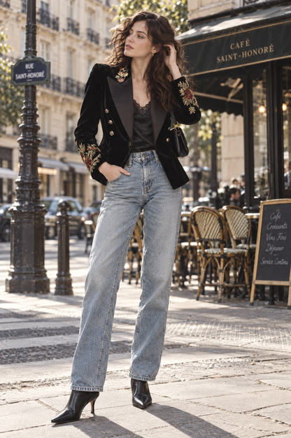 Quiet Luxury Floral Embroidery Satin Lapels Slim-fit Velvet Blazer