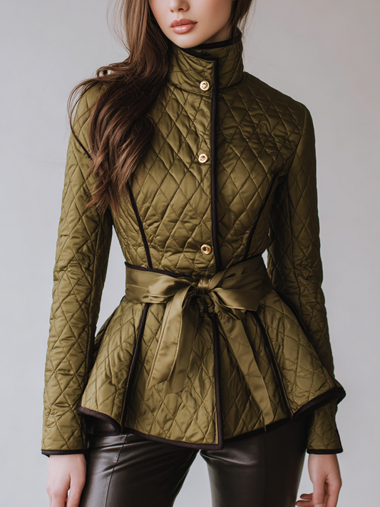 Retro Stand Collar Ruffle Hem Quilted Jacket