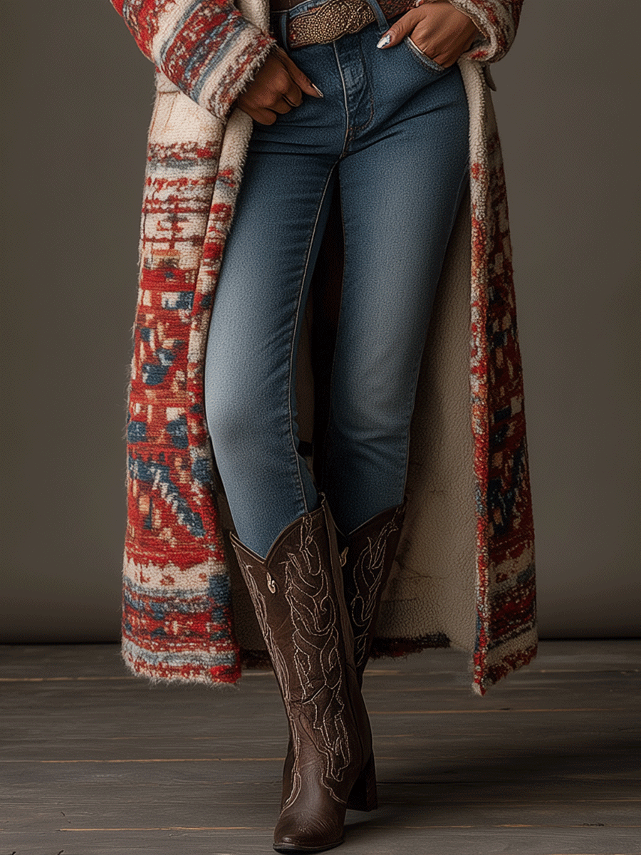 Bohe Tribal Pattern Long Sherpa Hooded Maxi Coat