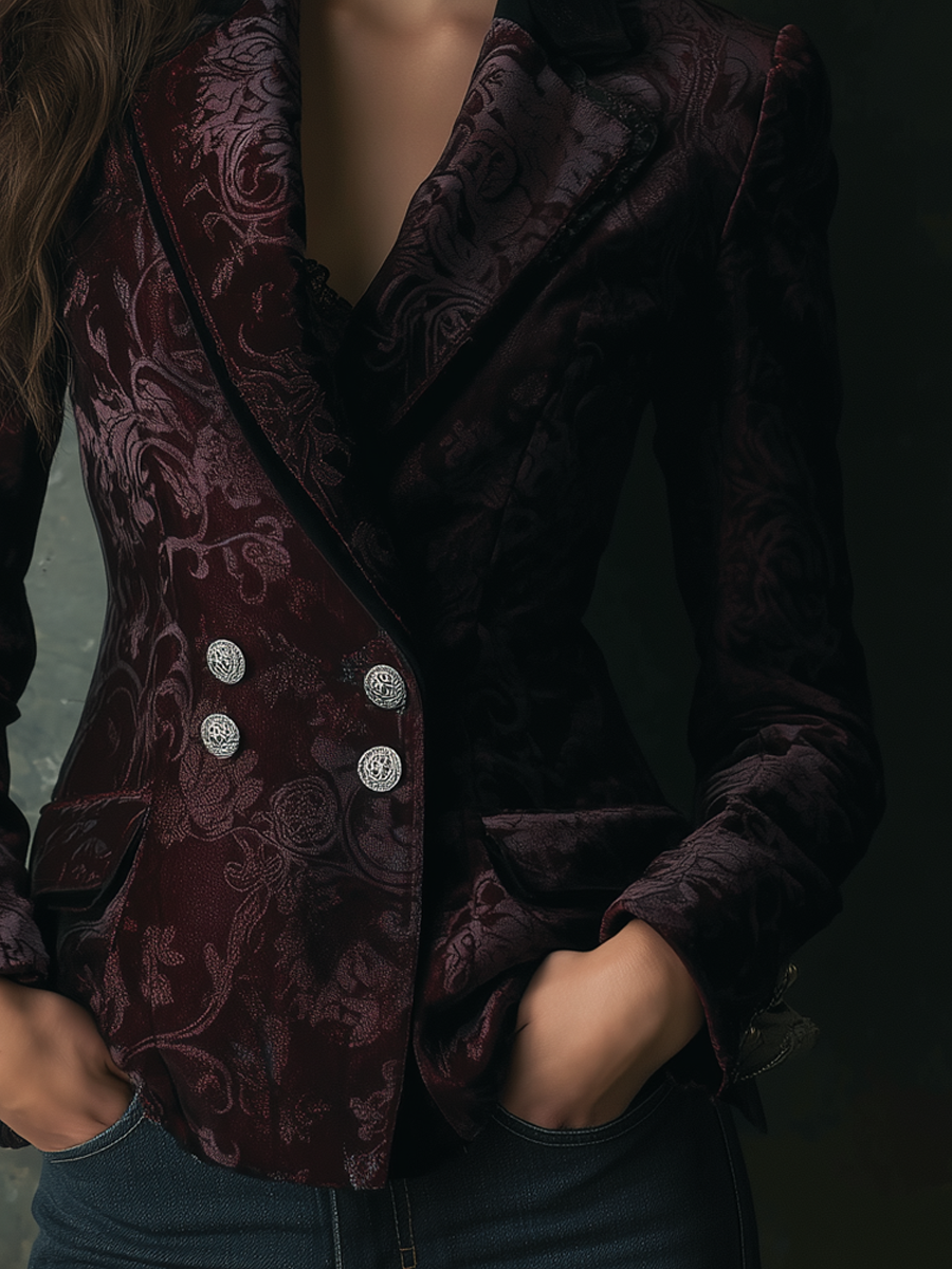 Vintage Floral Polyester Velvet Blazer