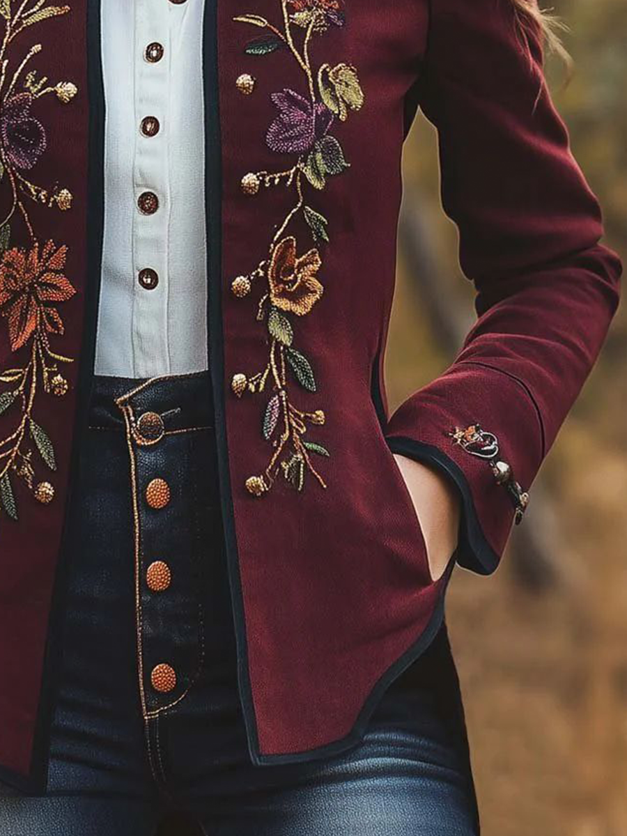 Vintage Slim-fit Stand Collar Floral Embroidered Jacket