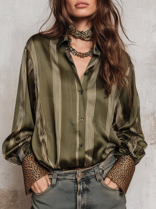 Retro Striped And Leopard Print Satin Blouse