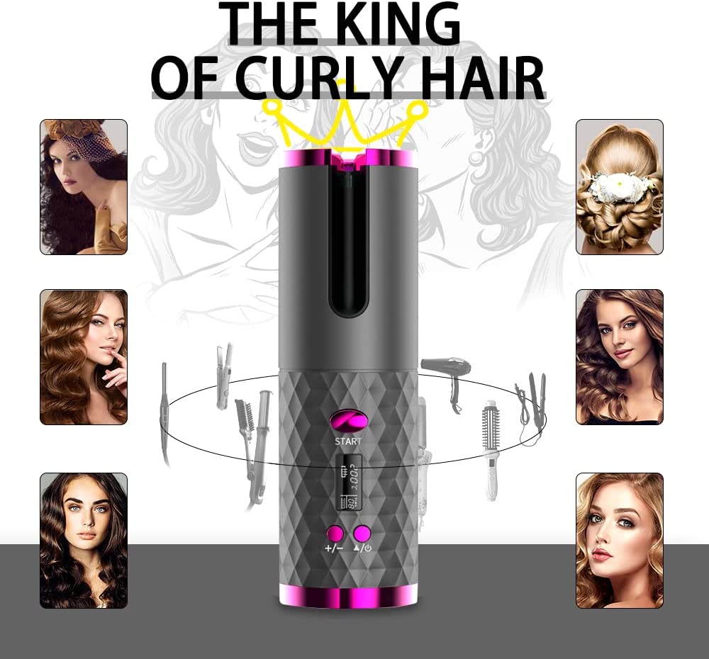 Hair Curler Automatic Cordless Curling Iron Wireless with LCD Temperature