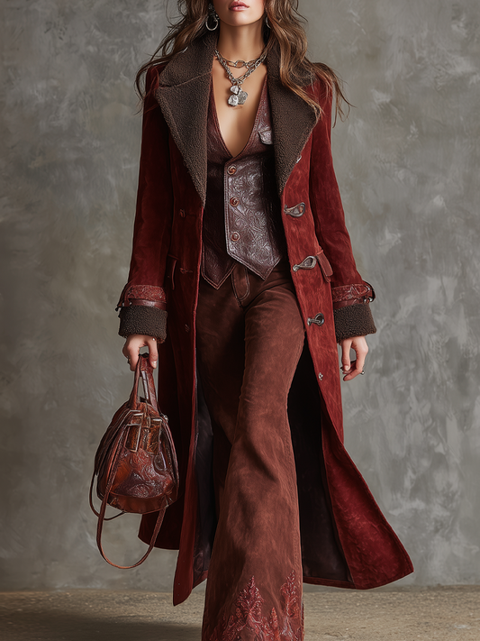 Vintage Polyester Suede Shearling Lapel And Inner Lining Coat